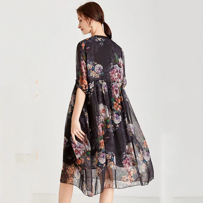 

SeeBeautiful Beading Floral Print Stitching Overknee Large Size Dress V-neck Short Sleeve Women Summer 2021 New Fashion E980