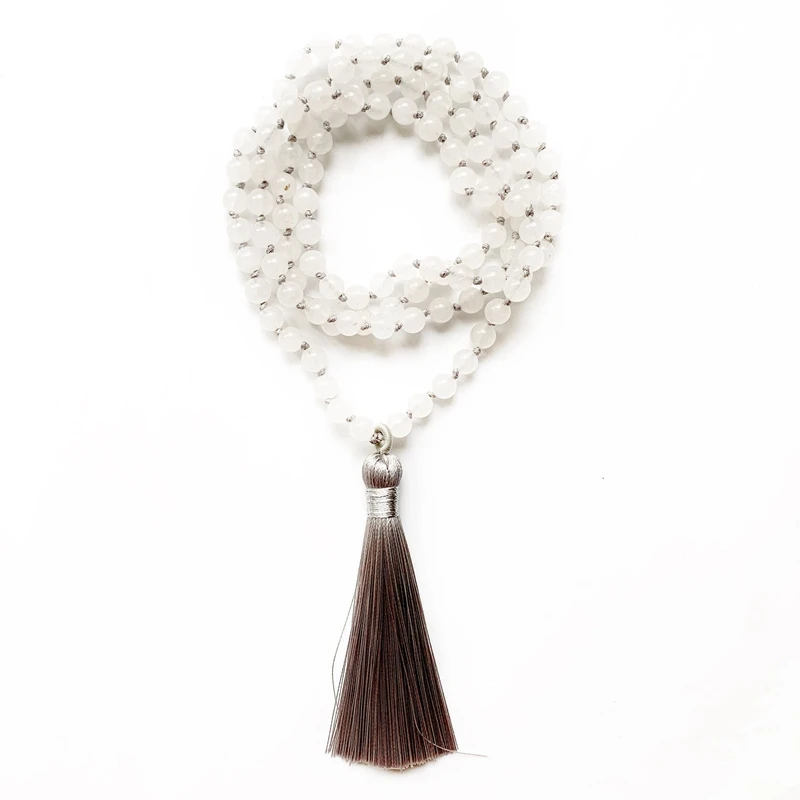 

6mm Natural White Stone Bead Buddhist Prayer 108 Mala Beads Tibetan Buddhism Bracelet Necklace Light Gray Tassel Handmade