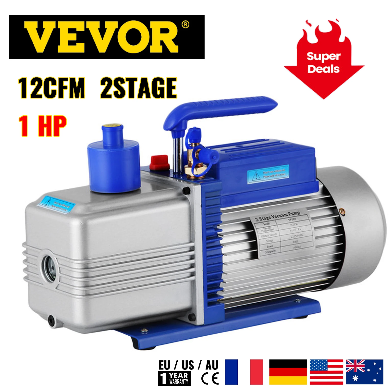 

VEVOR 12CFM Refrigerant Vacuum Pump 2-Stage HVAC Refrigeration for Vacuum Packing Household Air Condition Automobile Maintenance