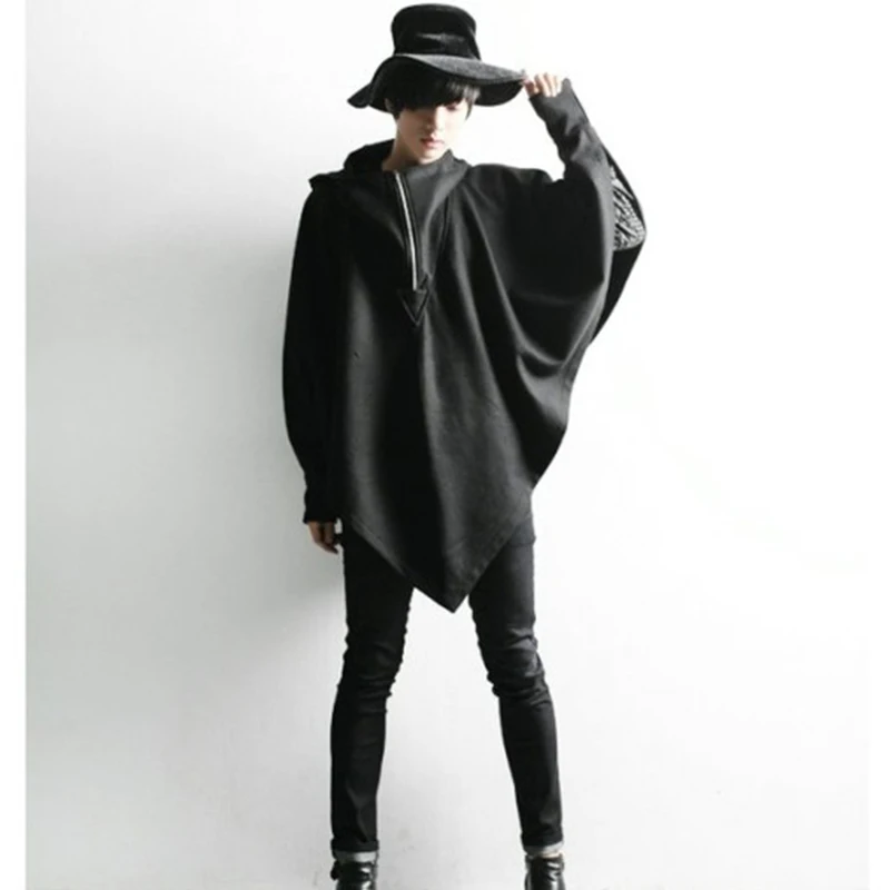 Men's coat autumn/winter hooded bat loose cape coat men's cape youth stage outfit black plus size