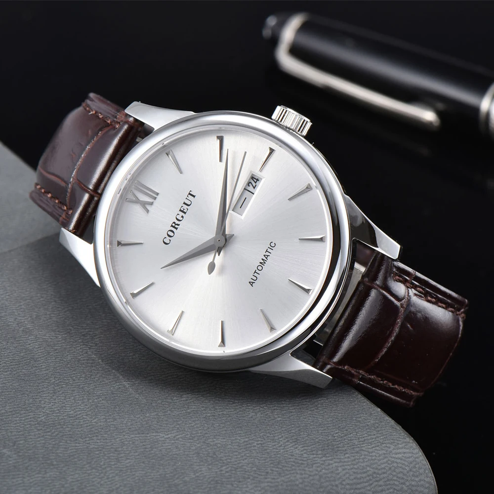 

Debert 40mm Men's Sapphire Miyota Automatic date week Leather Steel Case Watches mechanical white dial Gift Watch часы мужские