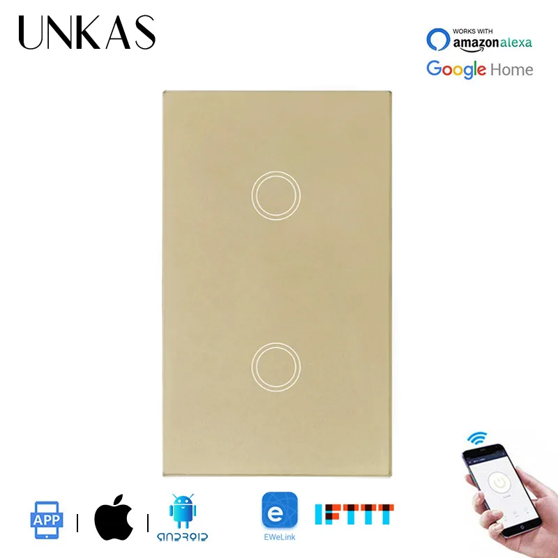 UNKAS Crystal Glass Panel US Standard 2 Gang WIFI Touch Switch Ewelink APP Control Work With Alexa Wireless Light | Обустройство