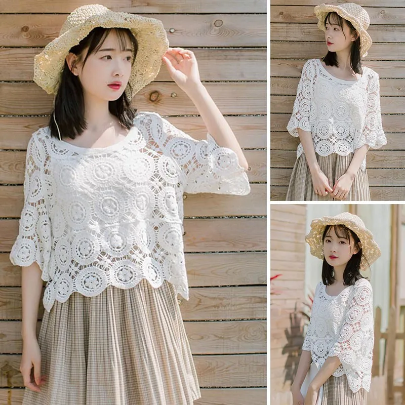 

Ladies blouses summer new O-neck knitted hollow half sleeve blouses tops sexy lace embroidery casual wild short blouses