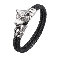 trendy punk jewelry double genuine leather braided bracelet for men stainless steel wolf head bangle male wristband gift sp1051