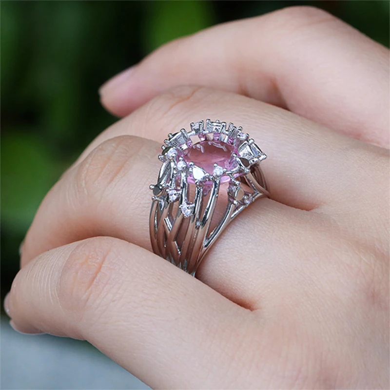 

New Branch Holding Pink Stone Zircon Engagement Rings for Women Silver Color Crystal Ring Vintage Bridal Wedding Ring Jewelry