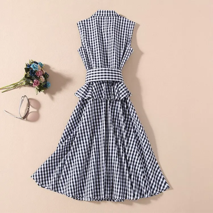 

Европейские дизайнерские платья, женское благородное классическое винтажное клетчатое платье-рубашка до середины икры без рукавов с принтом и завязкой на талии