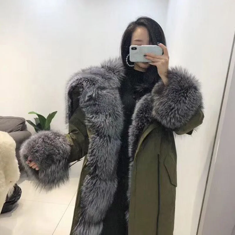 Silver Fox Большая Меховая парка из натурального меха енота, толстая пушистая меховая верхняя одежда из натурального Лисьего меха, высокое качество, S7555 - Цвет: Silver Fox