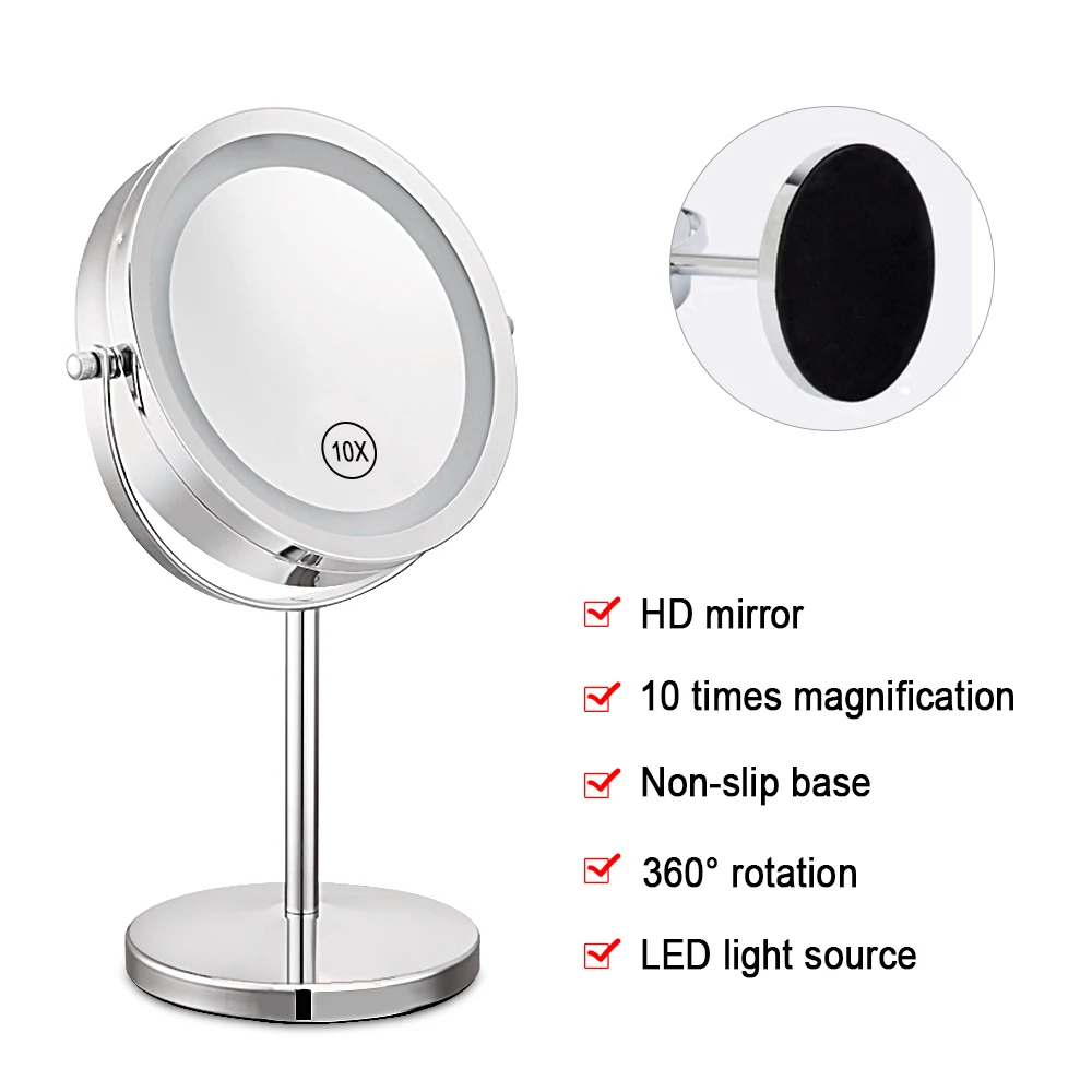 

10x Magnifying Desktop Makeup Mirror With LED Light 360 Rotation Double Side 7 Inch LED Lighted Up Makeup Comestic Mirror