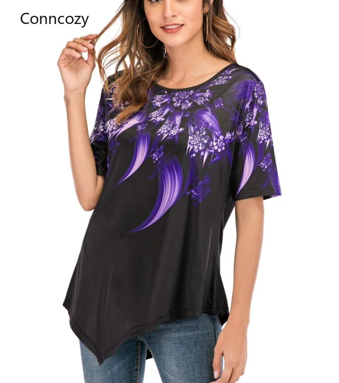 Винтажные черные фиолетовые футболки с цветочным принтом повседневные летние