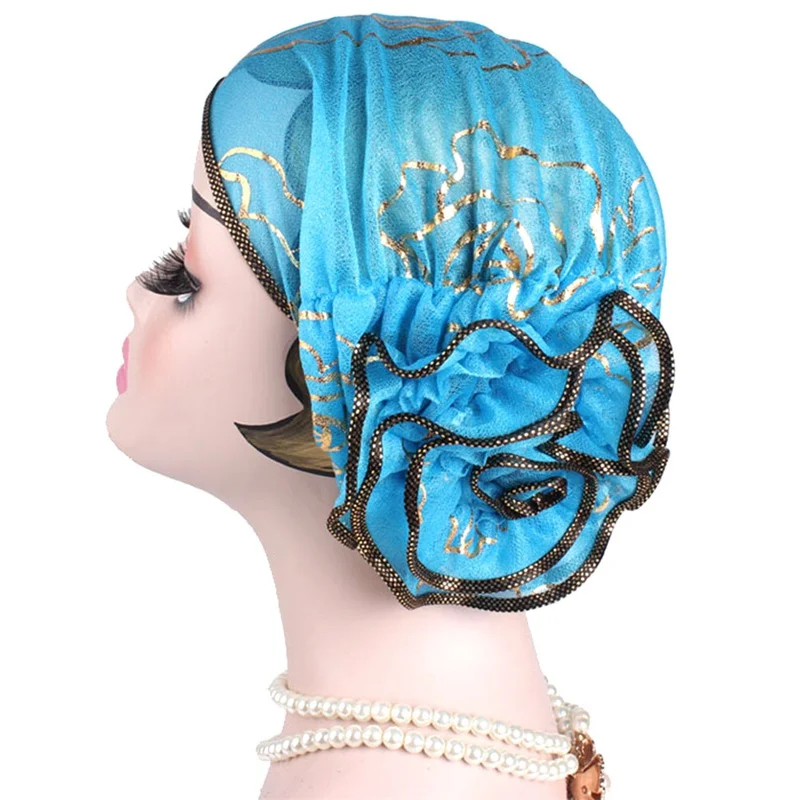 

Muslim Fashion Women's Hijabs Headscarf Pile Heap Cap Women Able Caps Islamic Bronzing Flower Turban Hat