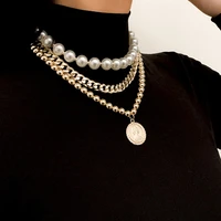 early han 2021 new multilayer imitation pearl cuban simple coin pendant geometric set personality woman necklace women jewelry