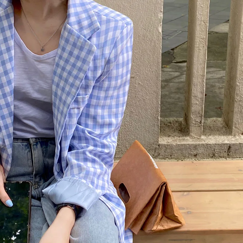 

Autumn Spring Jacket Women Suit Coats Plaid Outwear Casual Single-Breasted Mid-Length Jackets Simplicity Blazer Light Color