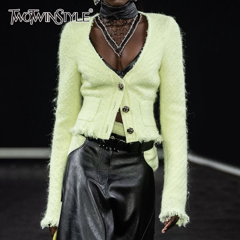 TWOTWINSTYLE повседневные шерстяные пальто для женщин v образный вырез длинный рукав