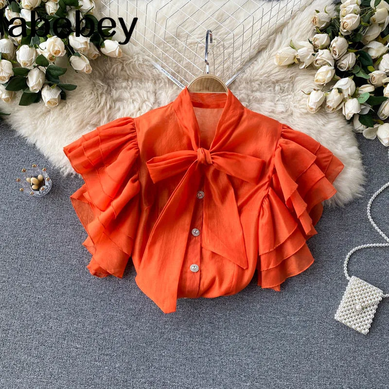 

Women Design Blouse Sweet Flying sleeveTurn Down Collar Solid Casual Tops Summer Fashion Streetwear Blouses 202