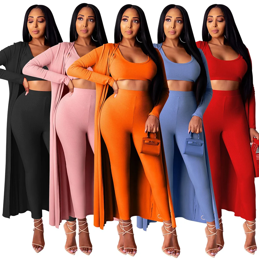 

Fashion Women Suits Female 2021 Spring Suit Ladies 3-Piece Outfits Sleeveless Crop Top Long Cardigan with Leggings Daily Wear