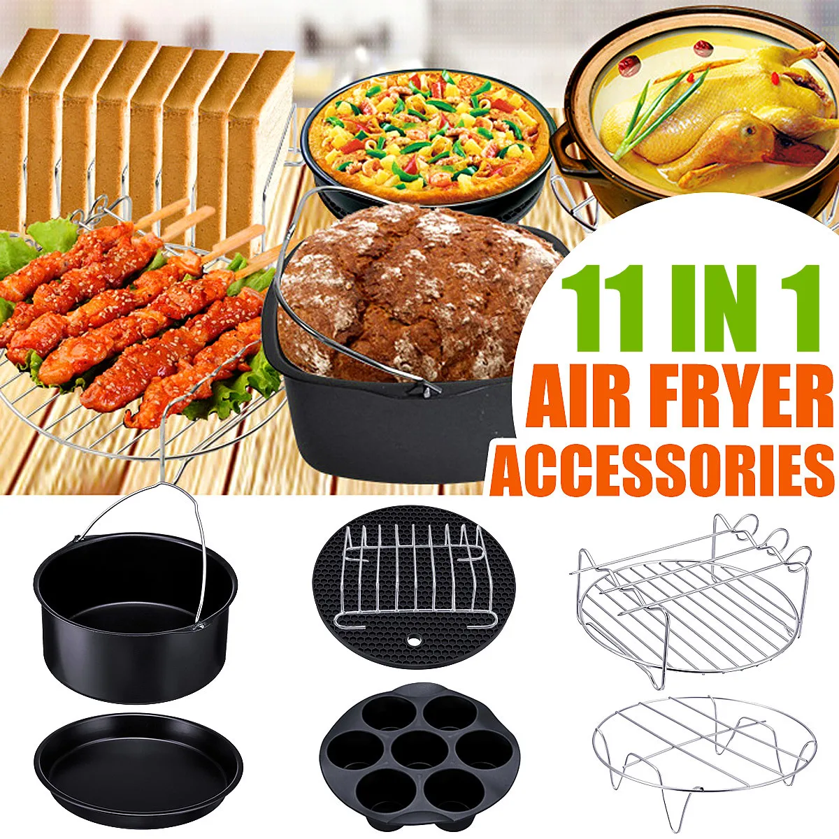 

11Pcs Air Fryer Accessories 8Inch Fit for Airfryer 5.2-5.8QT Baking Basket Pizza Plate Grill Pot Kitchen Cooking Tools for Party