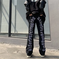 gothic letter embroidered flare jeans mens streetwear ripped denim hip hop vintage chic high street straight holes joggers pants