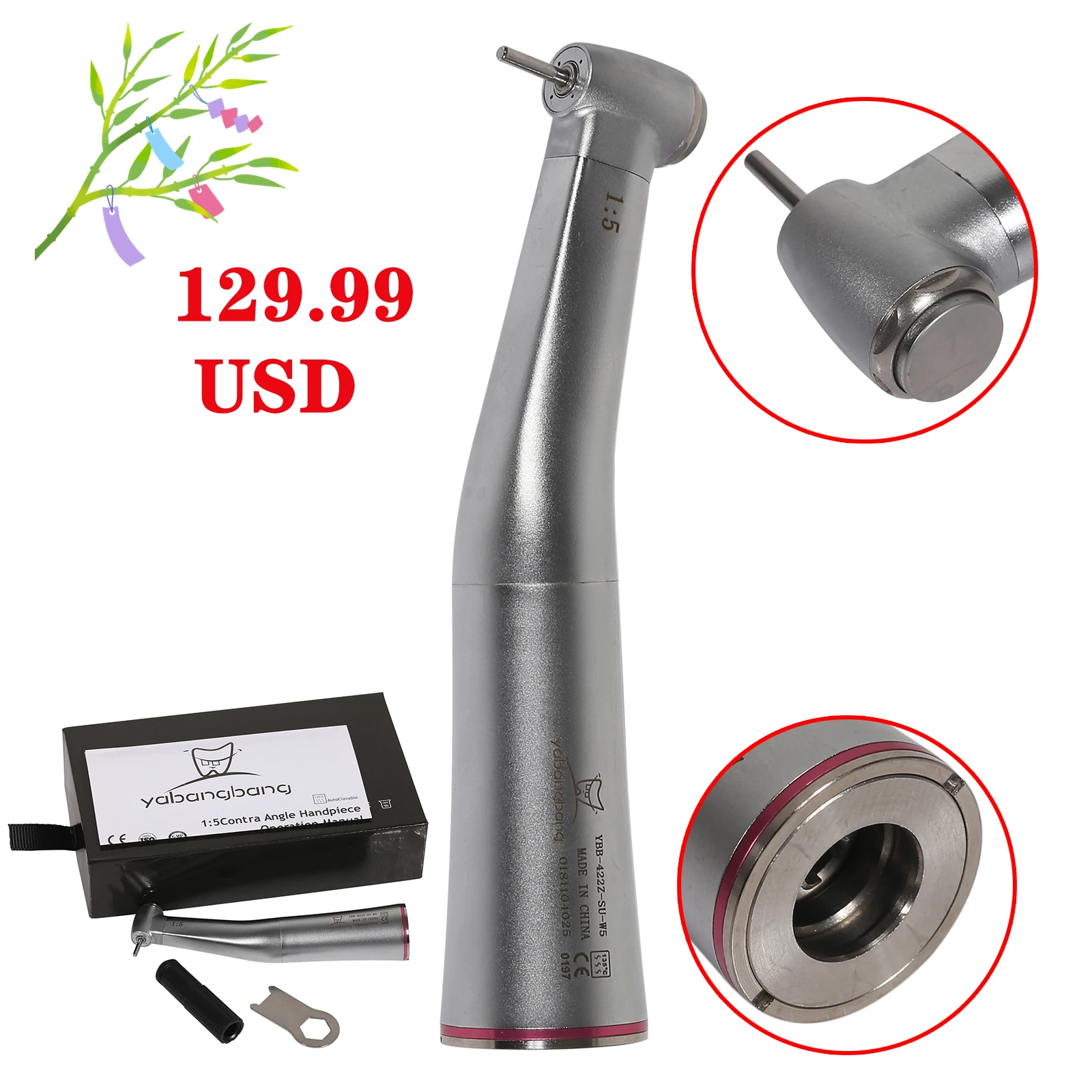 

yabangbang Dental 1:5 Increasing Contra Angle handpiece push button chuck ceramic bearing turbine Inner 4 water Spray