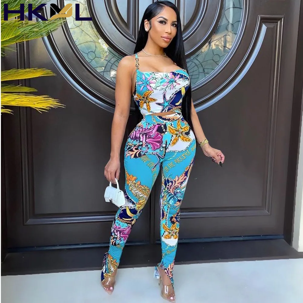 

Summer 2021 Women Two-Piece Sets Sleeveless Print Solid Color Casual Sexy Slim Street Set