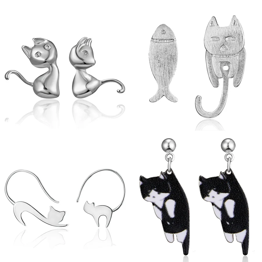 Серьги гвоздики с милыми мультяшными 3D животными серебряного цвета кошка милые