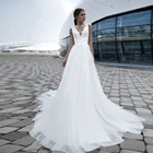 Простые Свадебные платья из тюля с v-образным вырезом и трапециевидной формы, винтажные кружевные кнопки для аппликации без рукавов, свадебное платье, Vestido De Noiva, 2020