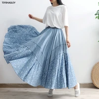 tiyihailey free shipping long maxi 2021 new skirt women elastic waist autumn spring denim jeans vintage big hem light blue print
