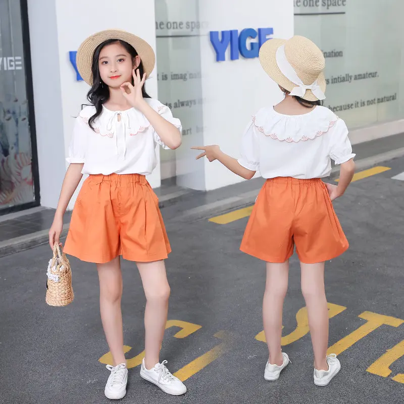 Summer Toddler Kids Baby Girls Short Sleeve Solid Color Bow Shirt Top+Purple Shorts Outfits Fashion Teens Clothes Tracksuit 2PCS | Детская