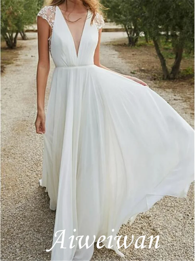 

A-Line Wedding Dresses V Neck Sweep / Brush Train Chiffon Lace Sleeveless Simple Beach with Pleats 2021