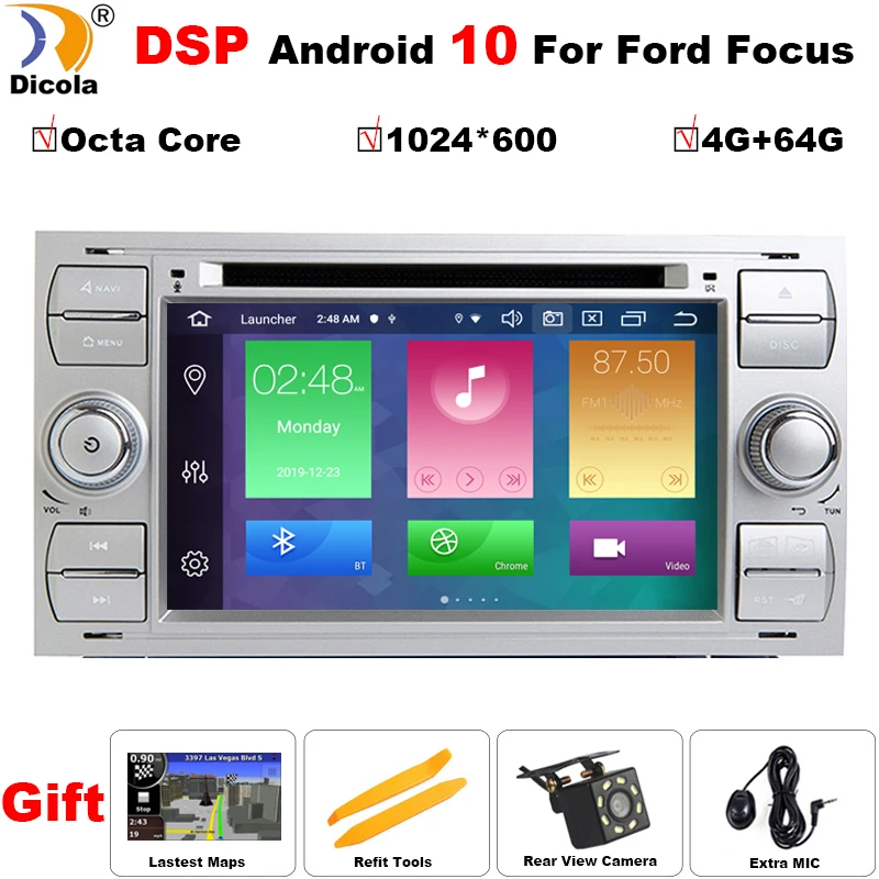 Автомобильный DVD проигрыватель Android 10 DSP 2 din в приборной панели для Ford Transit Focus