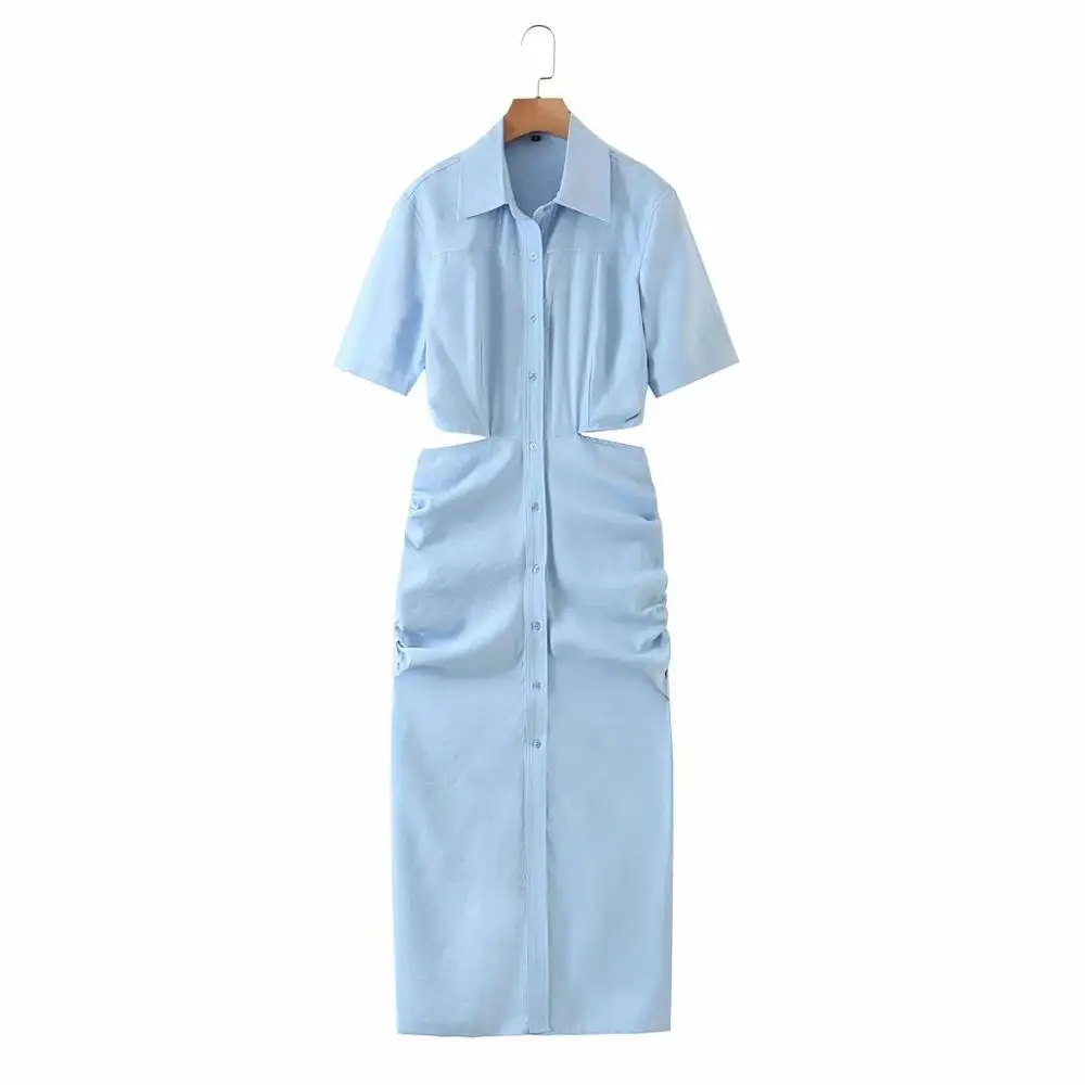

2021 Shirt Dress Women Waist Cut-out Short Sleeves Midi Dress Fashion Design Sexy Elegant Femme Robe Ropa Mujer Vestidos