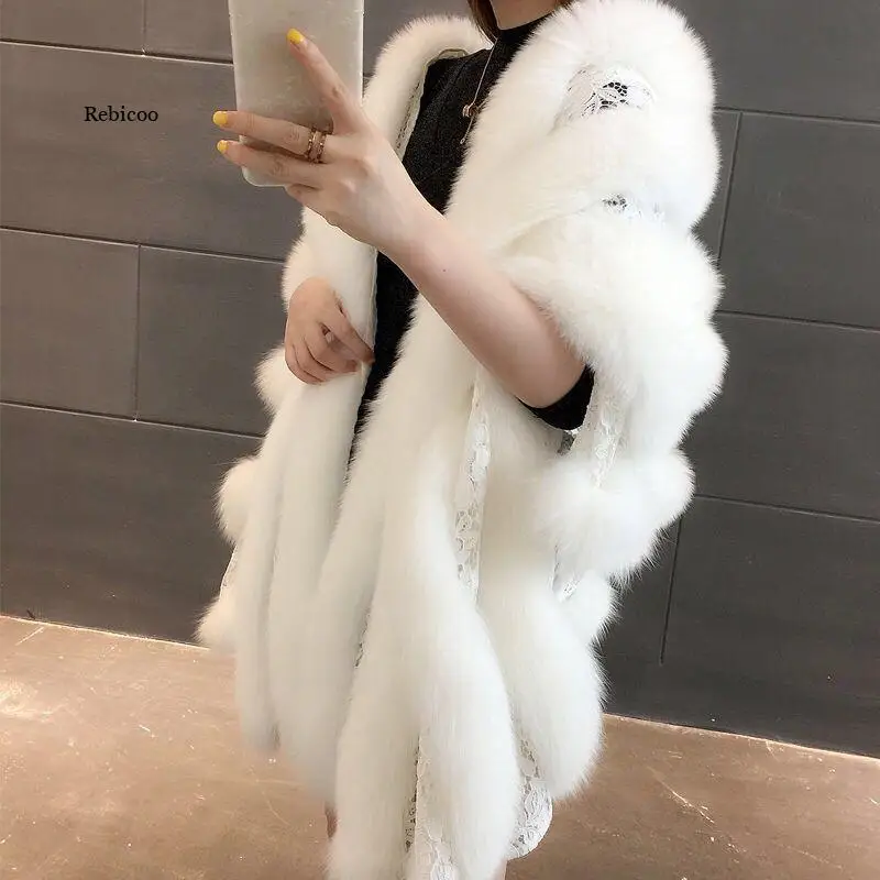 Зимнее меховое пальто женская накидка Вязаное пончо осенне-зимняя из