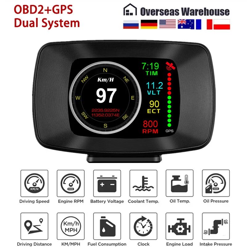 Автомобильный бортовой компьютер OBD2 цифровой HUD дисплей на голову GPS датчик