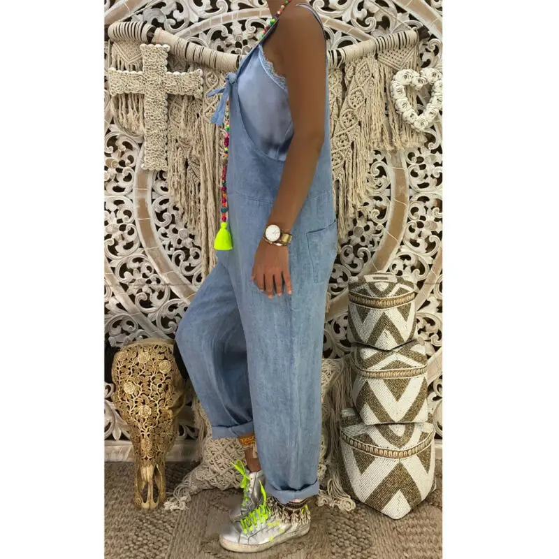 Женский джинсовый комбинезон на бретельках модный прямой без рукавов с