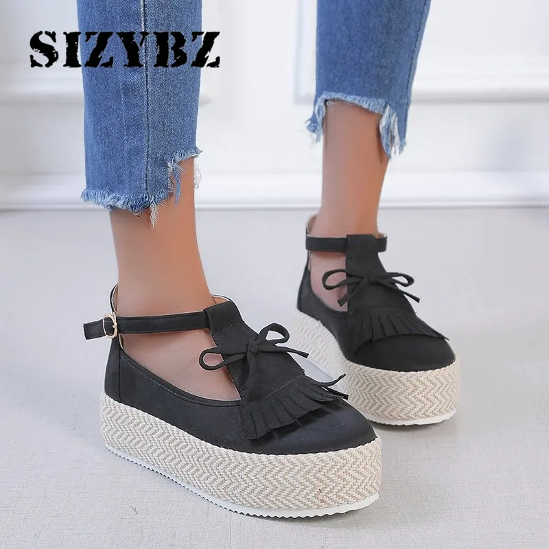 

New Platform Flat Shoes Women Sandals Butterfly-knot Flock Summer Shoes Buckle Strap Femme Comfort Plus Size Fashion Round Toe