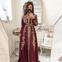 burgundy moroccan kaftan velour prom dresses long sleeves muslim evening gowns gold appliques lace dubai women dress