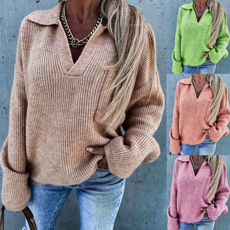 

Knitted Sweater Women Elegant Lazy Oaf Coarse Yarn Striped Oversized Pullover Sweater Korean V Neck Long Sleeve Female Jumpers