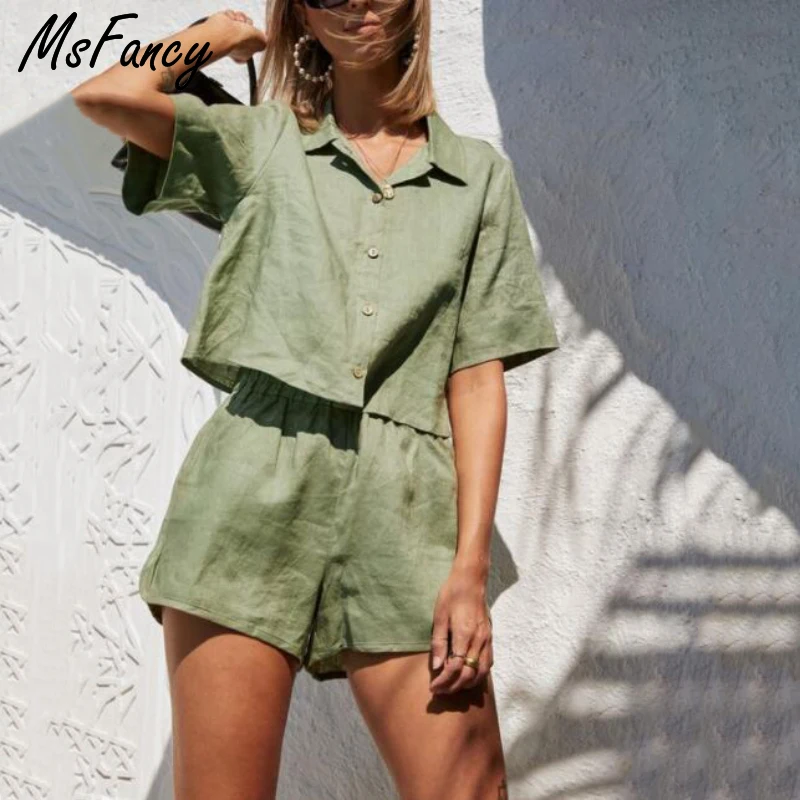 

FAKUNTN Msfancy Cotton Summer Sets Women 2021 Harajuru Green Short Sleeve Loose Shirt Elastc Waist Shorts Two Pics Pajamas