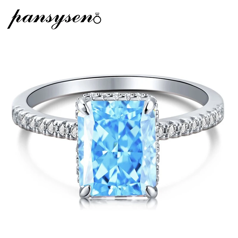 

PANSYSEN Solid Silver 925 Radiant Cut Created Moissanite Aquamarine Sapphire Wedding Engagement Ring Fine Jewelry Drop Shipping