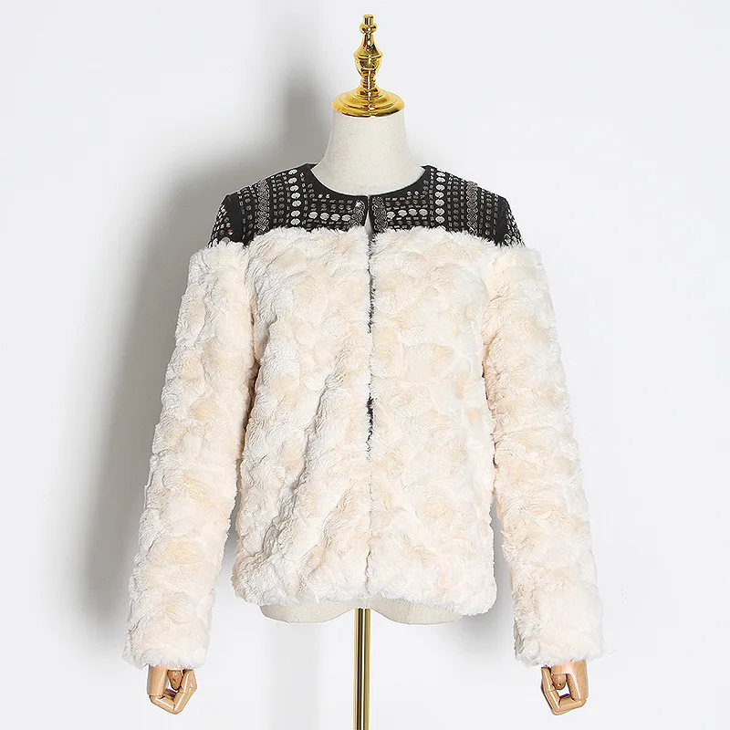 

Ladies wind 2020 winter new fashion all-match rabbit hair stitching heavy embroidery thickened plush jacket women