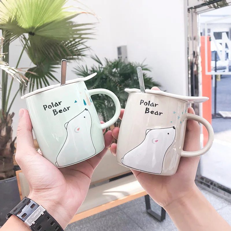 Креативная Милая кружка с медведем из мультфильма керамическая крышкой и ложкой