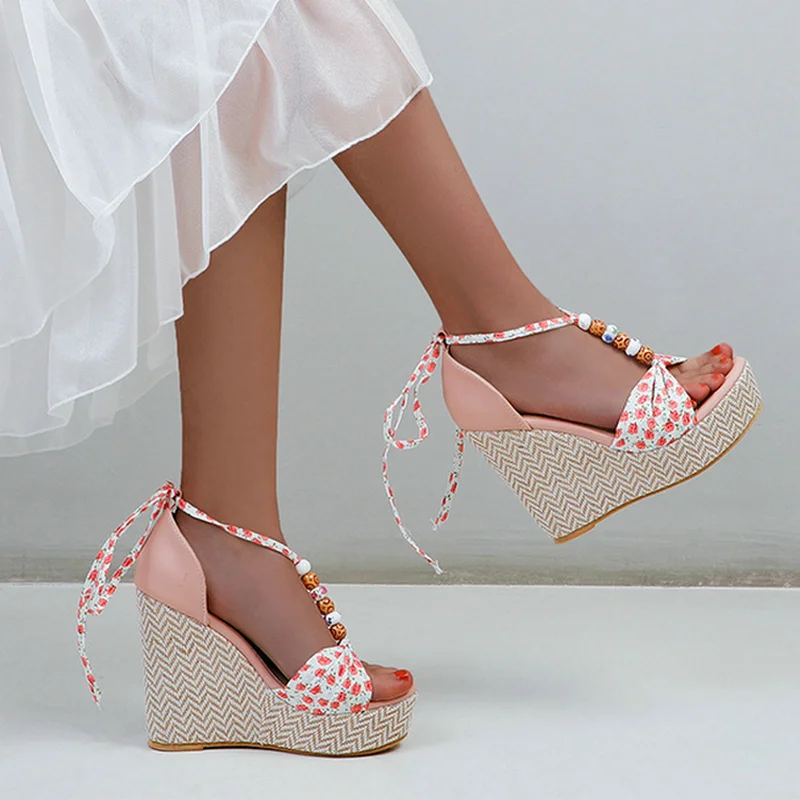 

Black Pink Khaki Platform Wedges High Heel Women Sandals Open Toe Lace Up Women's Shoes PU Leather Dress Ladies Shoes