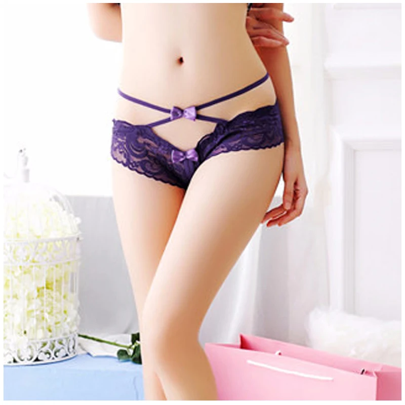 

Women's Erotic Lingerie Lace Cross Bow Sexy Temptation T Pants Lace Tulle Hollow Perspective Printing Ladies Open Crotch Panties
