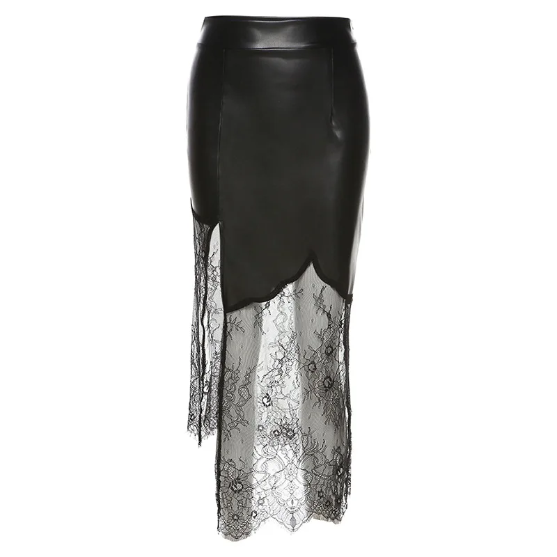 

2021 Summer Women's Sexy Lace Patchwork PU Stitching Split Sexy Night Club Skirts
