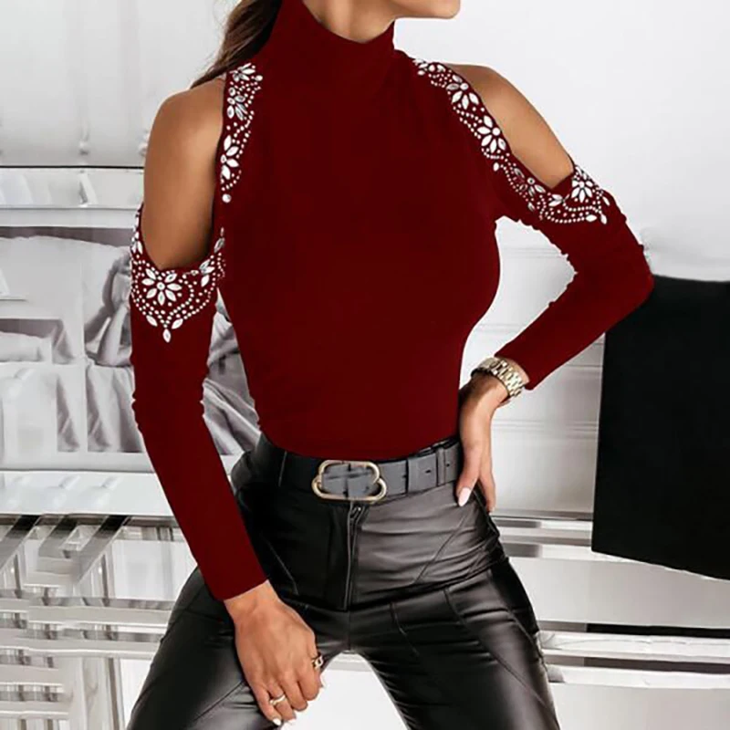 

Womens Long Sleeves Blouse Shirt Off Shoulder 2021 Spring Sequins Patchwork Turtleneck Shirt Blouse Tops Clothes