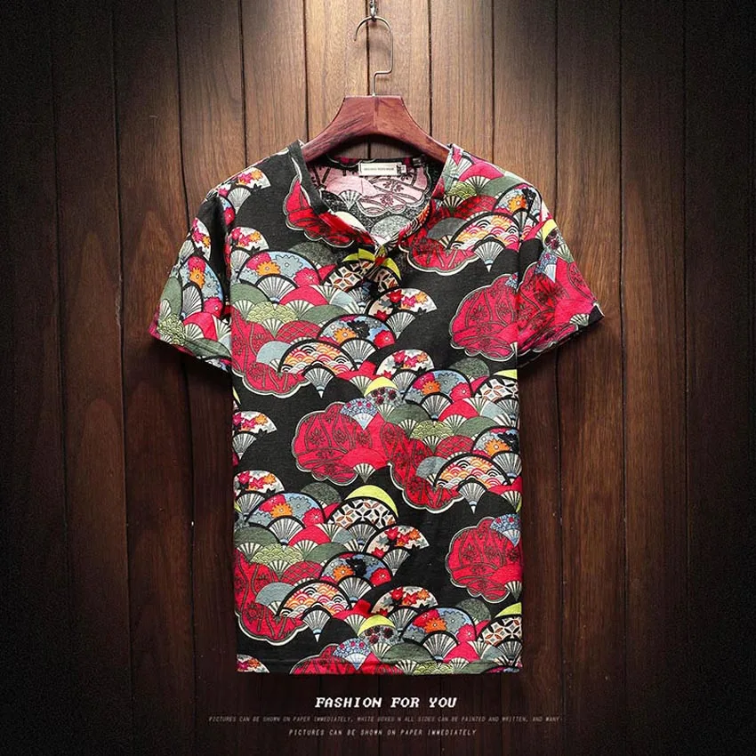Summer Men Cotton Linen Short Sleeve T-shirt Chinese Traditional Clothing Ethnic 3D Print Oriental Totem Tees Male Hip Hop Tops