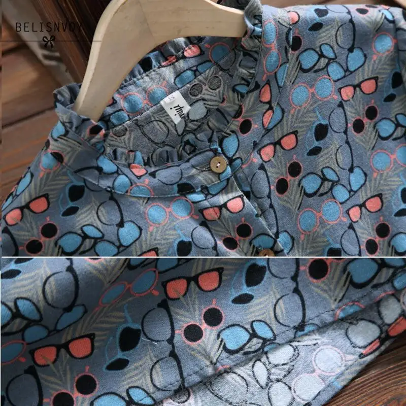 Женское платье с оборками на воротнике голубое хлопково-льняное цветочным