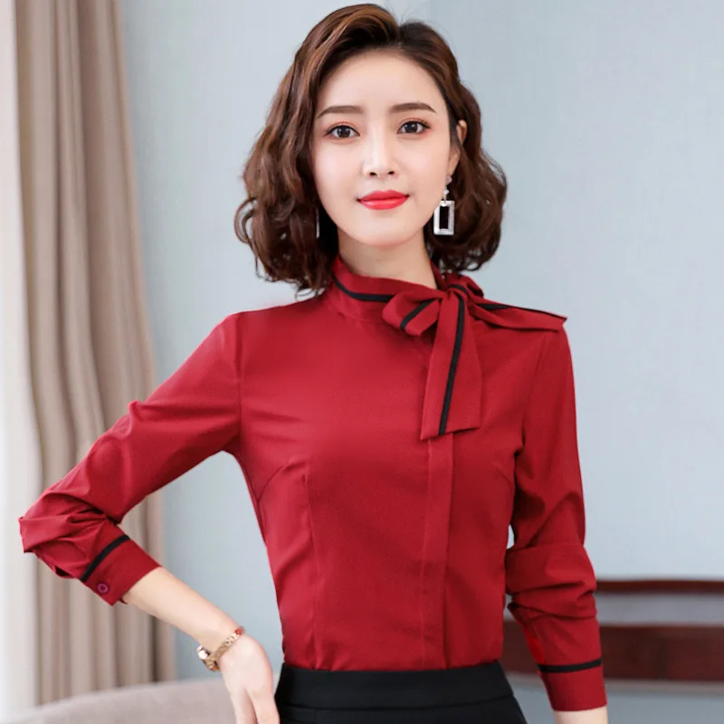 

IZICFLY New Style Summer Autumn Fashion Formal Ladies Shirt Women Tops Slim Elegant Office Stand Bow Red Blouse Work Wear