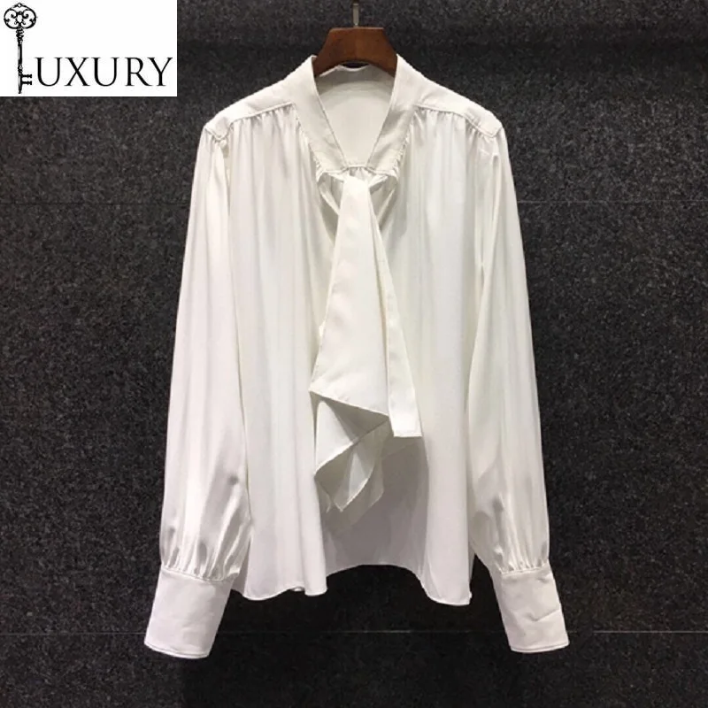 Autumn Plus size 2020 Winter Fashion White Khaki Black Blouses High Quality Women Elegant Bow Tie Shirts Blusa Feminino