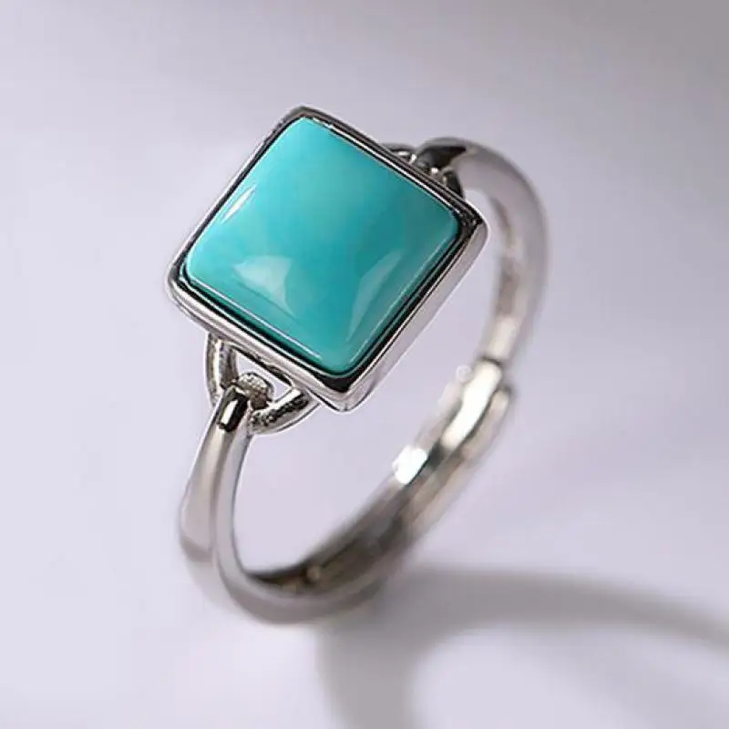 

Natural Turquoise Ring Sterling Silver Women Gemstone Bands Adjustable 925 Silvers Inlaid Square Turquoise Rings Girlfriend Gift