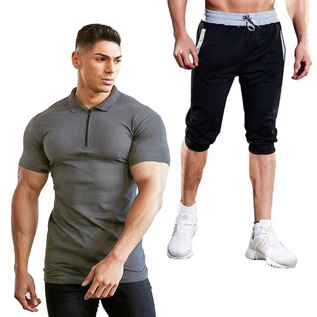 

2021 new summer fashion sports solid men's top sportswear Polo Top + 7-point Pants Set daily fashion sports pants short sleeves
